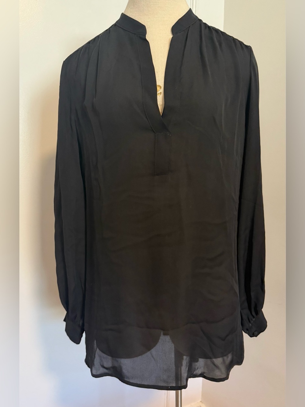 Aaron Ashe Black Notch-Neck Long-Sleeve Silk  Blouse Like Mini Dress M